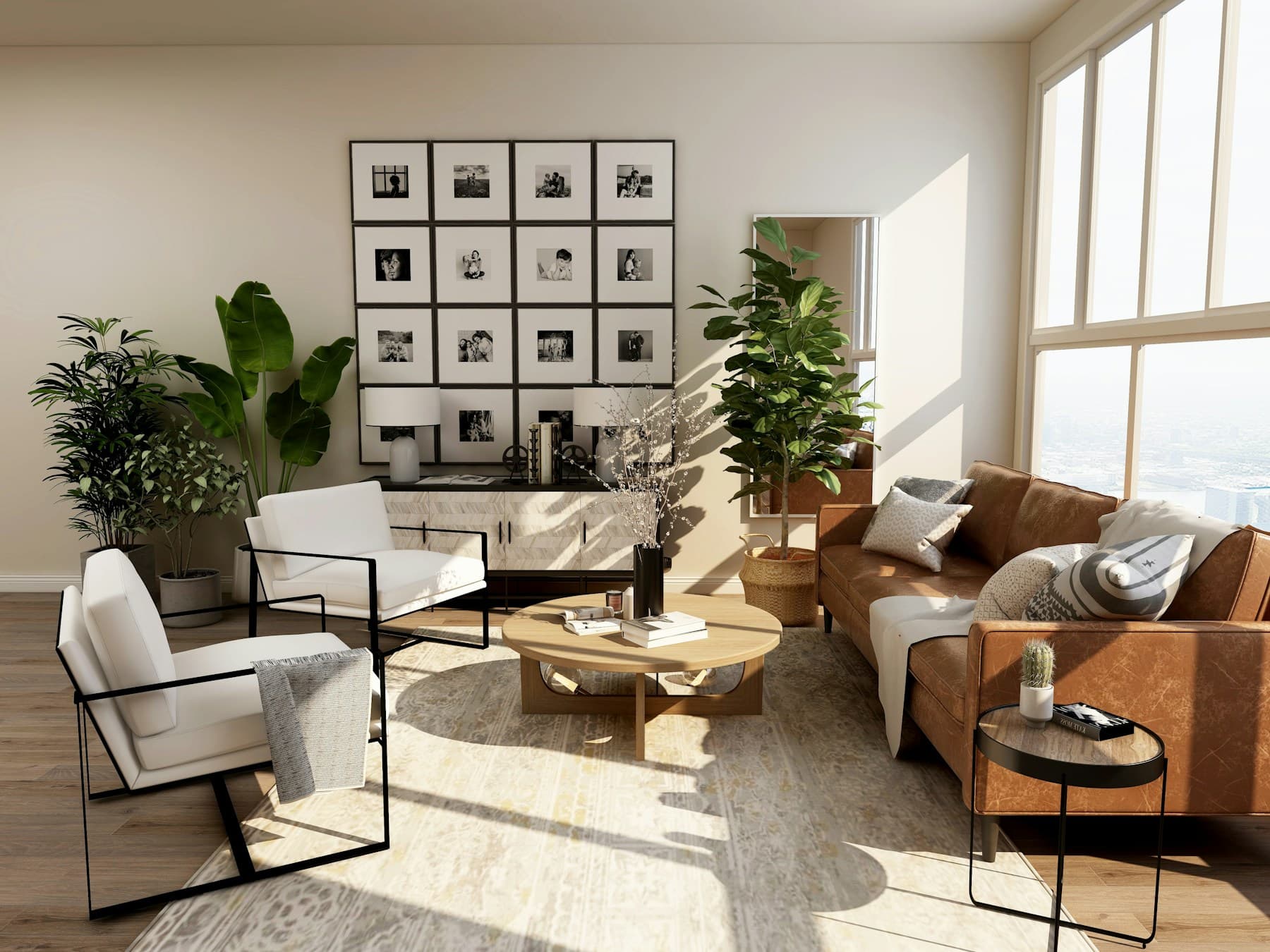 Sunlit living room with warm natural materials and tall windows